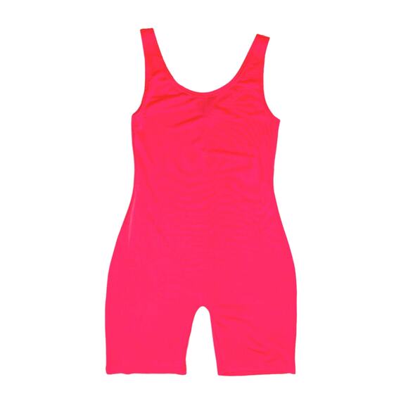 New Medium Neon Pink Spandex Romper Unitard Leotard Stretch Bodysuit Retro Coral - Picture 1 of 4